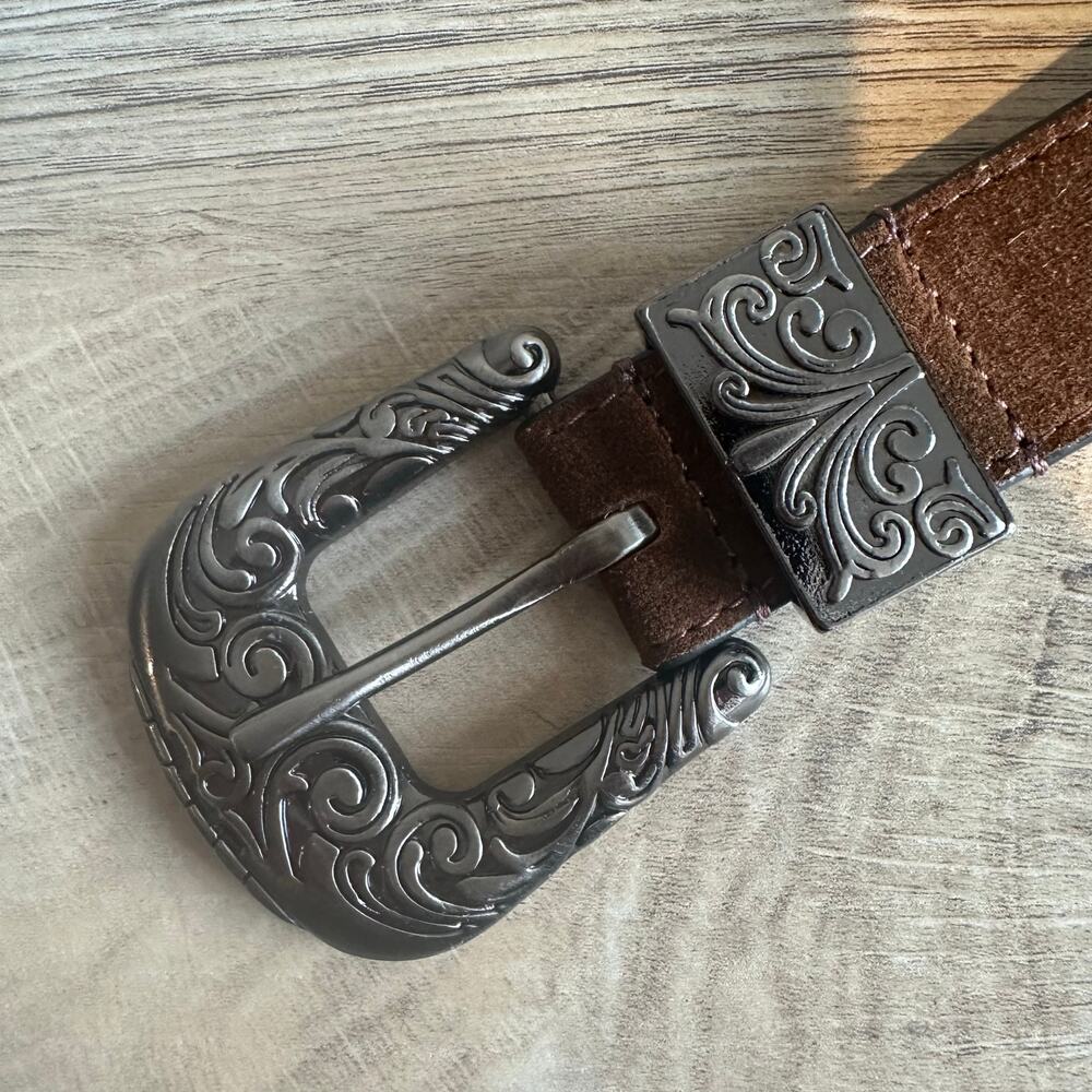 Lucky Brand Tan Suede Rope Engraved Western Buckle Belt Silver Tone L - Picture 2 of 7